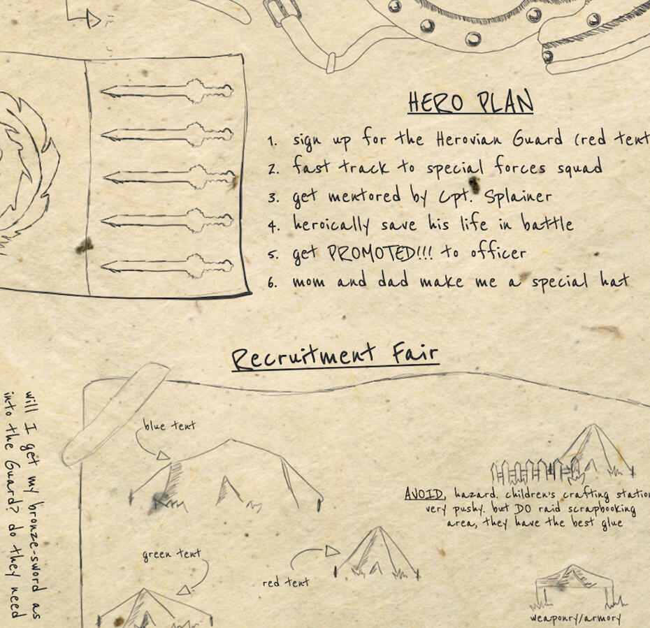 cutout of illustrated bonus material, a page from Ocotber's notebook with a "Hero plan" on it
