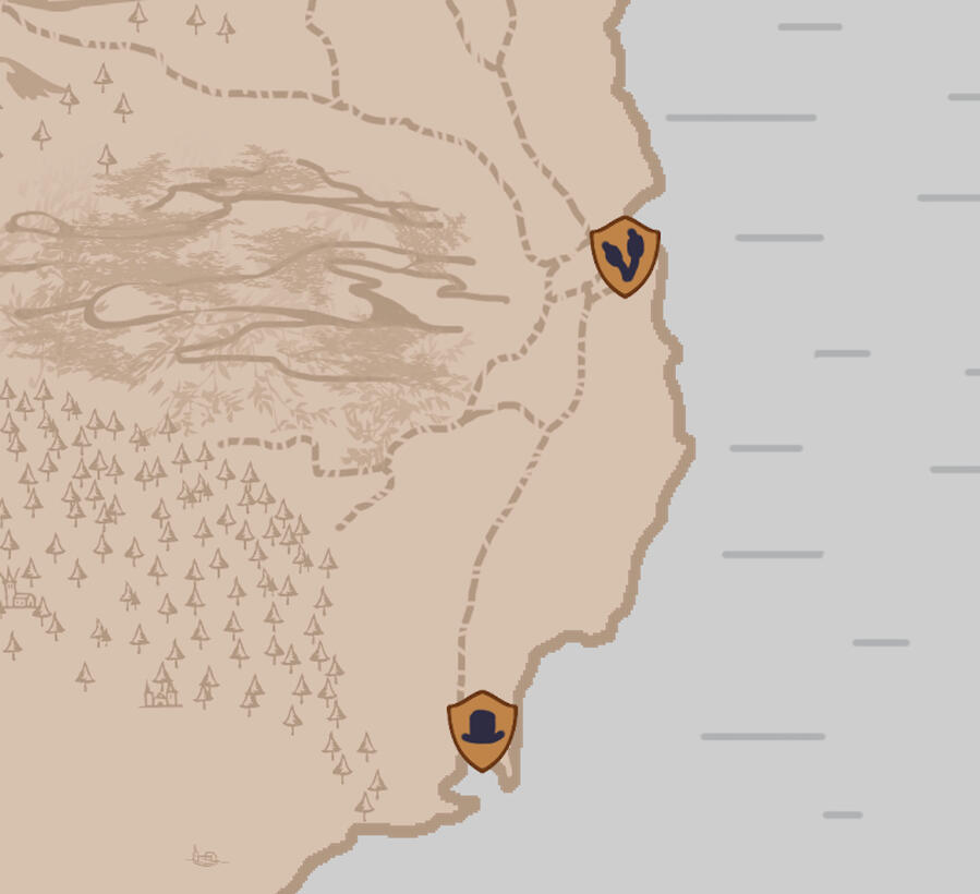 cutout of Herovian map, showing two settlements on a coastline, some trees, and a bog